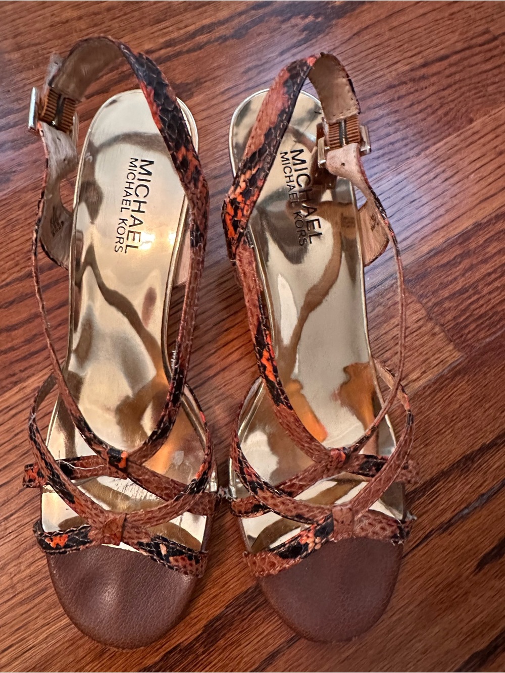 Michael Kors Gold and Beige Snake-Print Strappy Sandals